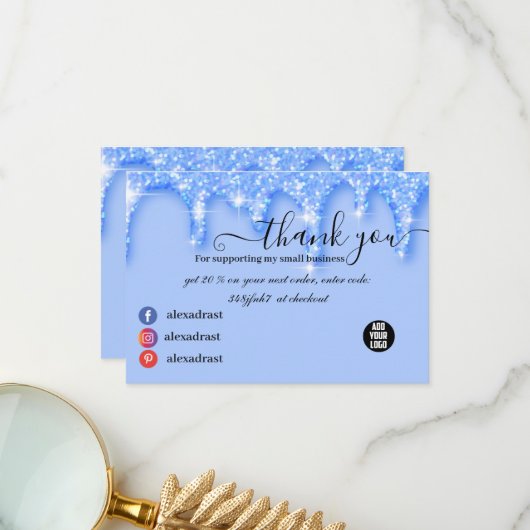 滴ガーリー落する青グリッターサンキューカード サンキューカード (正面/裏面インサイチュ)