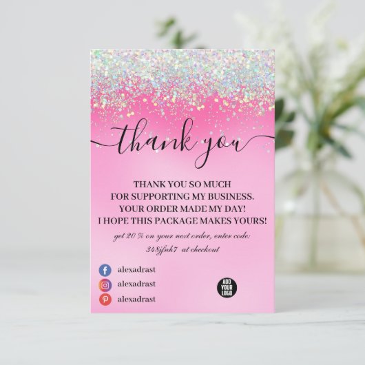 滴スタイリッシュガーリー落するピンクのグリッターサンキューカード サンキューカード (スタンド正面)