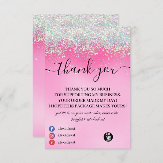 滴スタイリッシュガーリー落するピンクのグリッターサンキューカード サンキューカード (正面/裏面)