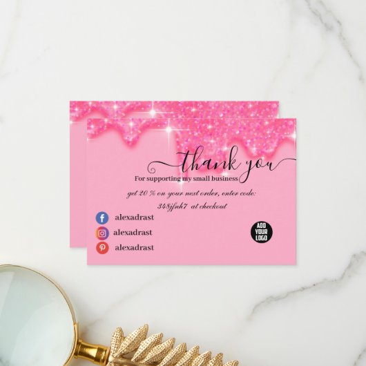 滴スタイリッシュガーリー落するピンクのグリッターサンキューカード サンキューカード (正面/裏面インサイチュ)