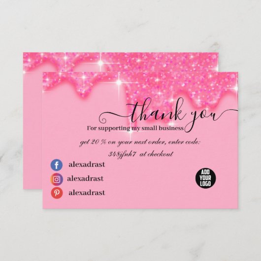 滴スタイリッシュガーリー落するピンクのグリッターサンキューカード サンキューカード (正面/裏面)