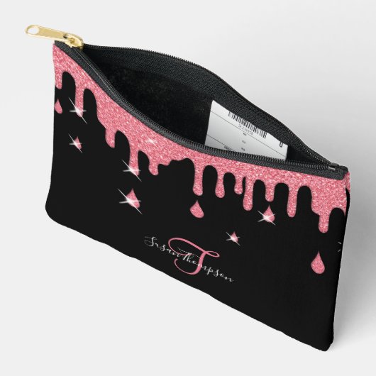 滴パーソナライズされた滴ピンクグリッター効果輝 アクセサリーポーチ (見開き)