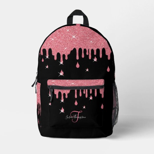 滴パーソナライズされた滴ピンクグリッター効果輝 プリントバックパック (正面)