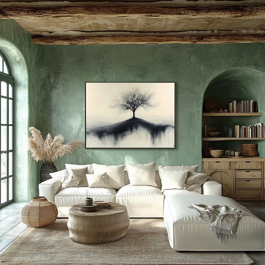 滴下する影のある丘の上のミニマリストツリー ポスター