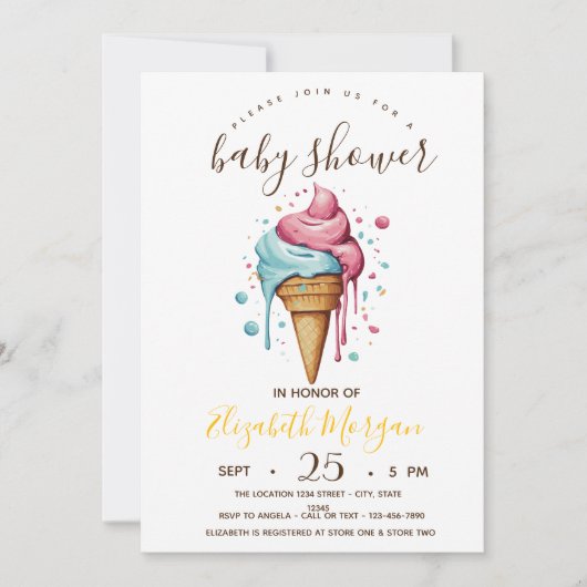 滴下アイスクリーム、黄色のストライプ赤ちゃんシャワー 招待状 (正面)