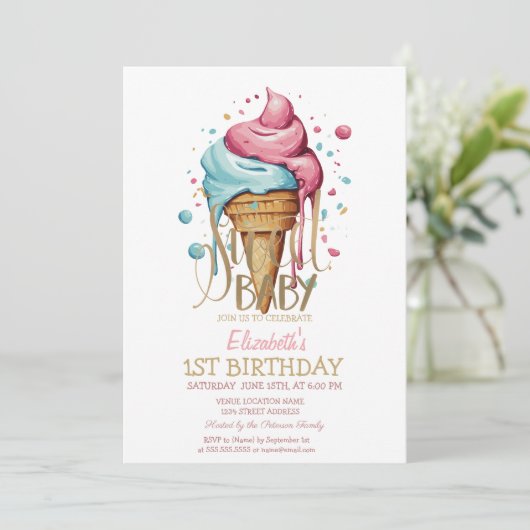 滴下クールアイスクリームストライプの誕生日 招待状 (スタンド正面)