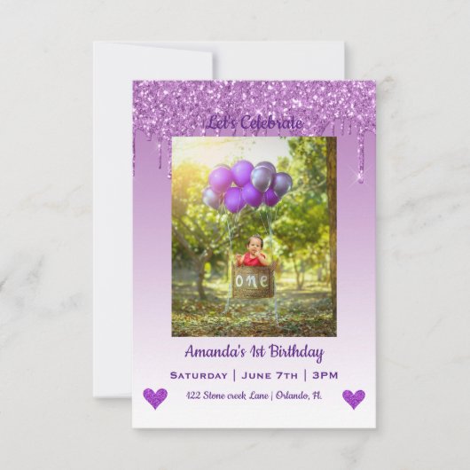 滴下グリッターハート誕生日招待状 招待状 (正面)