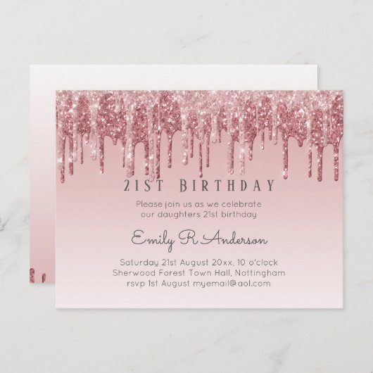 滴下グリッターバラ金ゴールド21stバースデーピンクガール ポストカード (正面/裏面)