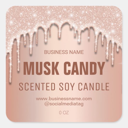 滴下グリッターバラ金ゴールドSoy Candleラベル スクエアシール (正面)