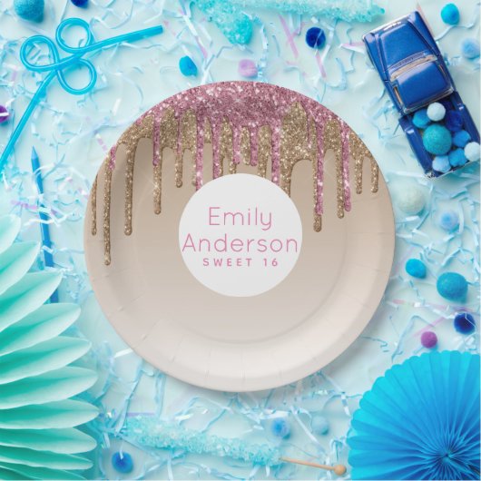 滴下グリッターSweet16バラ金ゴールドピンク16位パーティー ペーパープレート (パーティー)