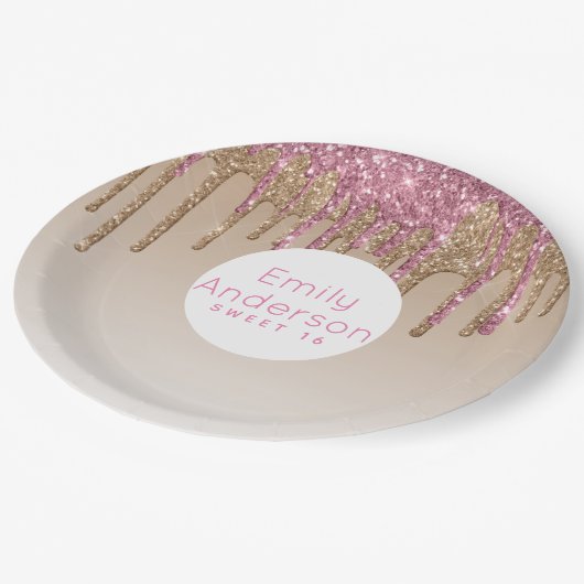 滴下グリッターSweet16バラ金ゴールドピンク16位パーティー ペーパープレート (アングル)