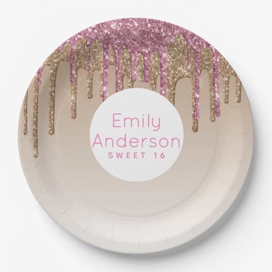 滴下グリッターSweet16バラ金ゴールドピンク16位パーティー ペーパープレート (正面)