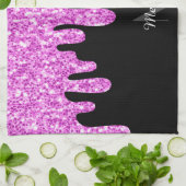 滴下スパークルグリッターピンクブラックモノグラム キッチンタオル (折り畳み)