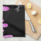 滴下スパークルグリッターピンクブラックモノグラム キッチンタオル (四つ折り)
