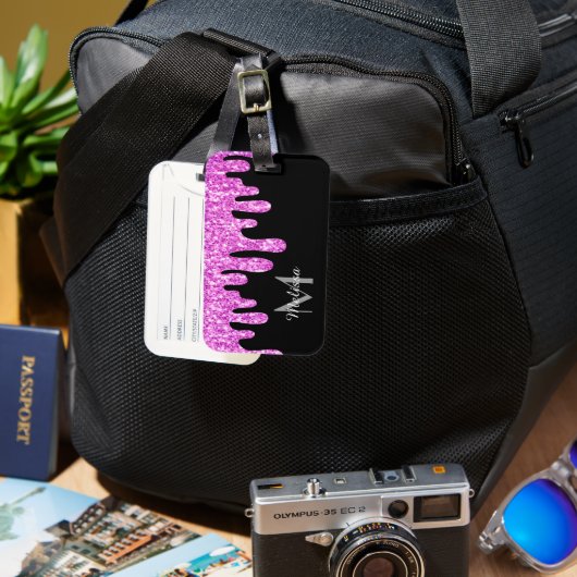 滴下スパークルグリッターピンクブラックモノグラム ラゲッジタグ (正面&裏面)