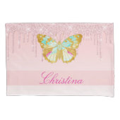 滴下パーソナライズされたグリッターピンクティール（緑がかった色）蝶 枕カバー (正面)