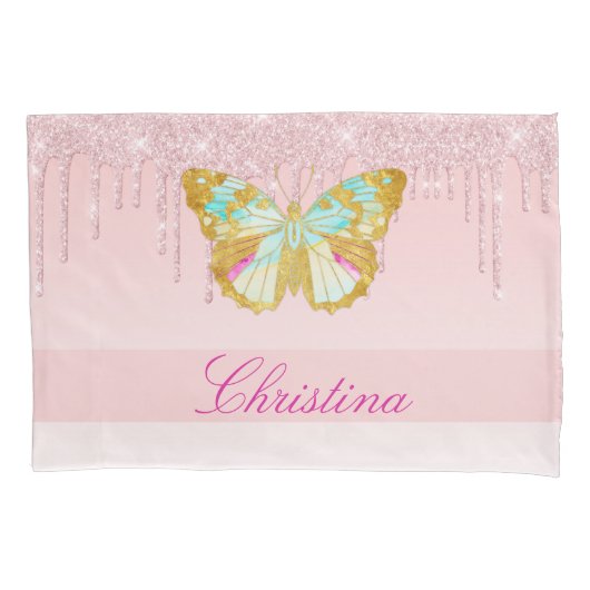 滴下パーソナライズされたグリッターピンクティール(緑がかった色)蝶 枕カバー (正面)