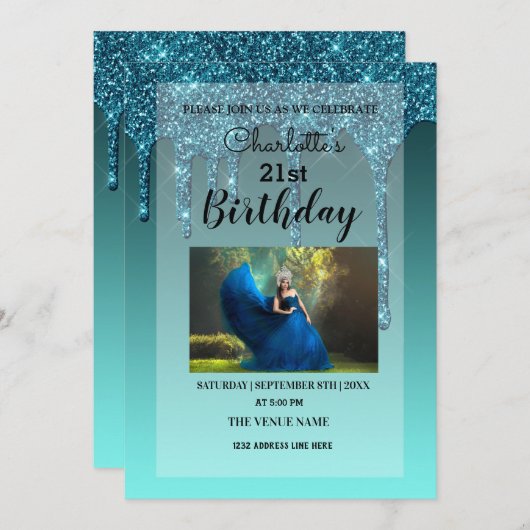 滴下パーソナライズされたグリッター 招待状 (正面/裏面)