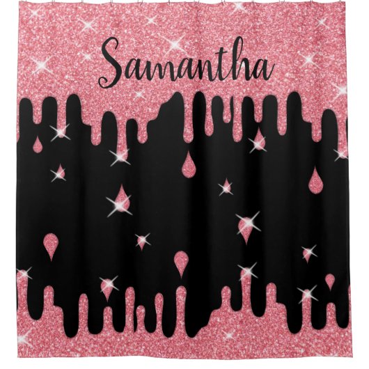 滴下パーソナライズされたピンクグリッター効果のきらめき シャワーカーテン (正面)