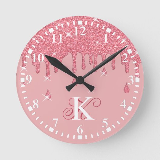 滴下パーソナライズされたピンクグリッター効果のきらめき ラウンド壁時計 (正面)