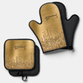滴下金ゴールドグリッターガラス名 鍋つかみ&鍋敷きセット (正面/裏面)