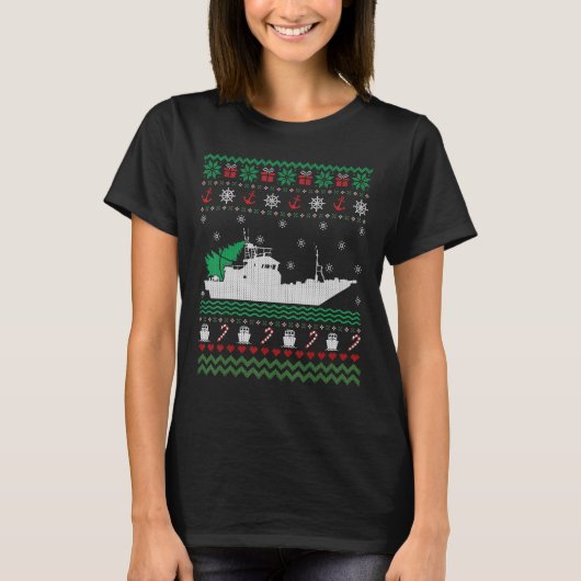 漁師おもしろいのボートの醜いクリスマスセーター Tシャツ (正面)