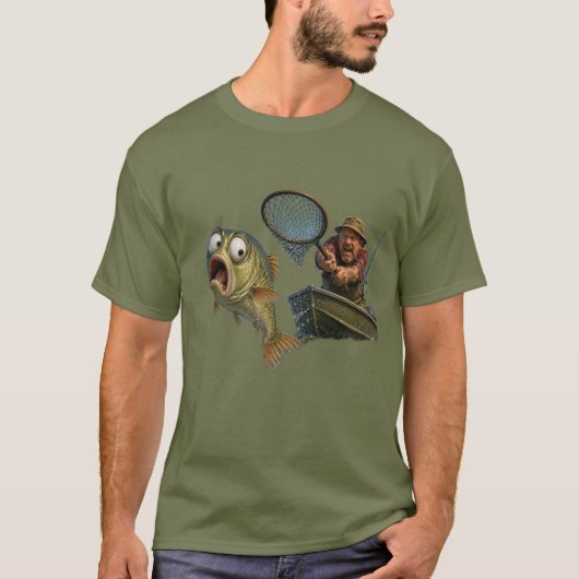 漁師から逃げようとする魚 Tシャツ (正面)