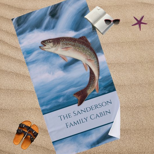 漁師が釣りを飛ぶニジマス・ブルー ビーチタオル