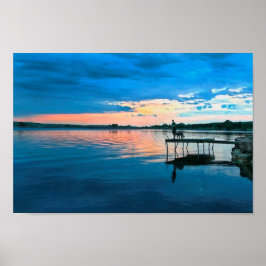 漁師と彼の飼い犬が夕暮れ ポスター