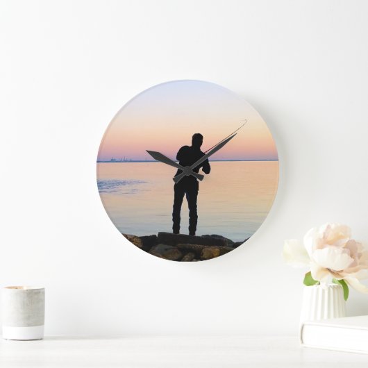 漁師のシルエットの魚釣り ラージ壁時計 (ホーム)