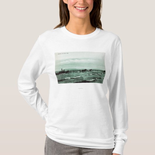 漁師のセーヌ河の魚釣り、馬のカートの眺め Tシャツ (正面)