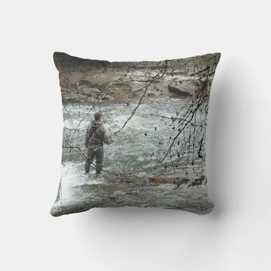 漁師の川のニジマスマスのはえの魚釣りの急流 クッション (裏面)