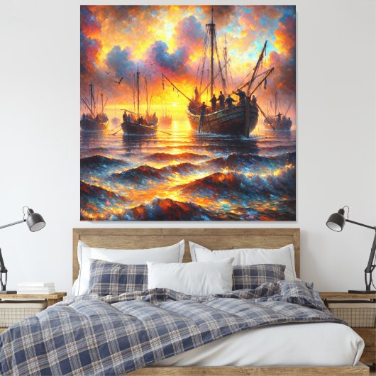 漁師の熱烈な旅を夕暮れ キャンバスプリント (インサイチュ (寝室))