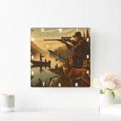 漁師ハンター野生生物の夕日 スクエア壁時計 (ホーム)