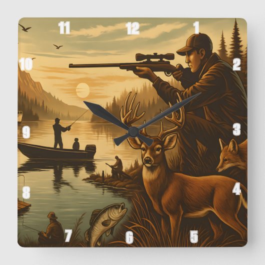 漁師ハンター野生生物の夕日 スクエア壁時計 (正面)