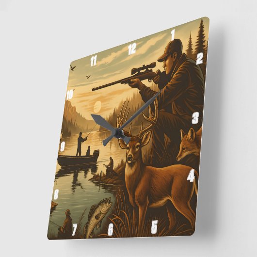 漁師ハンター野生生物の夕日 スクエア壁時計 (傾斜)