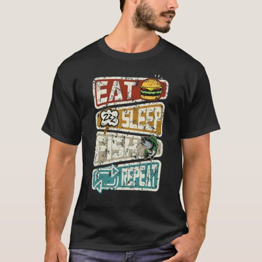 漁師魚釣り食べ眠魚繰り返し釣り Tシャツ (正面)