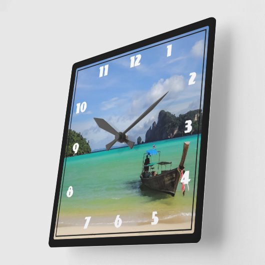 漁船が付いているタイ旅行ビーチの写真 スクエア壁時計 (傾斜)