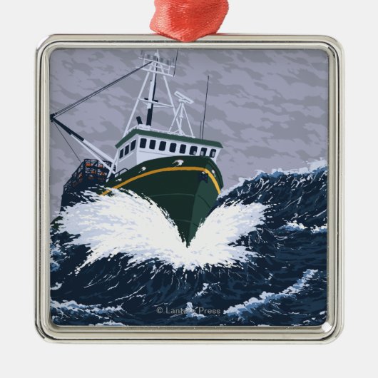 漁船場面-ユーコン準州、アラスカ メタルオーナメント (正面)