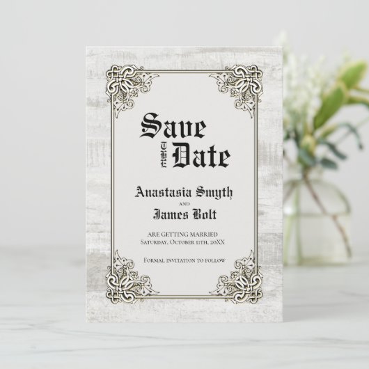 漂白素朴木彫りフレーム結婚ズ セーブザデート (スタンド正面)