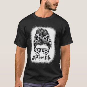 漂白Messy Bun Mom Life Soccer Mom Mother s Da Tシャツ
