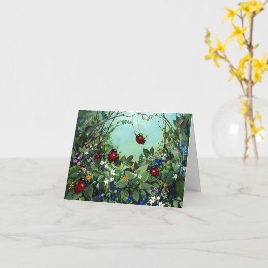 演劇のメッセージカードのてんとう虫 カード (黄色い花)