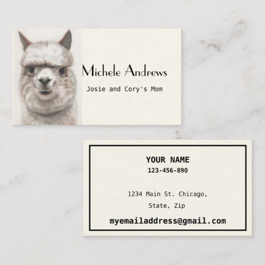 演劇の日付のお母さんカードはかわいいラマのアルパカを梳きます 名刺 (正面/裏面)