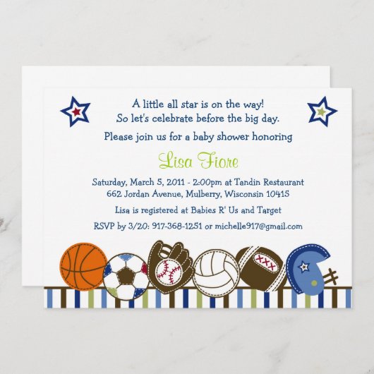 演劇の球はベビーシャワー招待状を遊ばします 招待状 (正面/裏面)