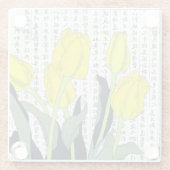 漢字の背景に表示されるアジアの黄色いチューリップ ガラスコースター (裏面)