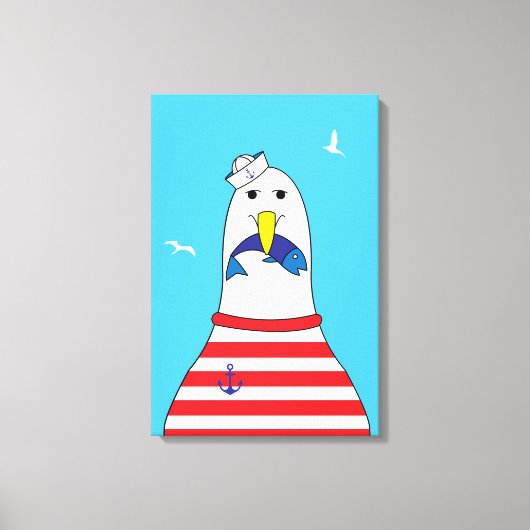 漫画おもしろいのカモメの鳥の子供のビーチテーマ キャンバスプリント (正面)