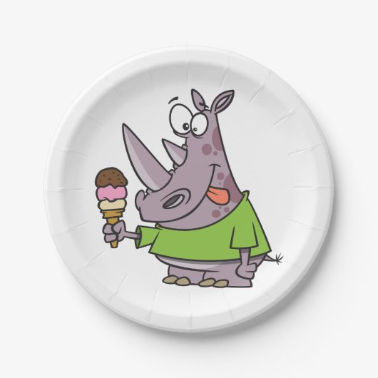 漫画おもしろいのサイ食べノのアイスクリームかわいい動物 ペーパープレート (正面)