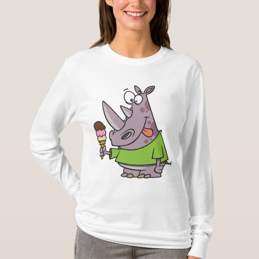 漫画おもしろいのサイ食べノのアイスクリームかわいい動物 Tシャツ (正面)