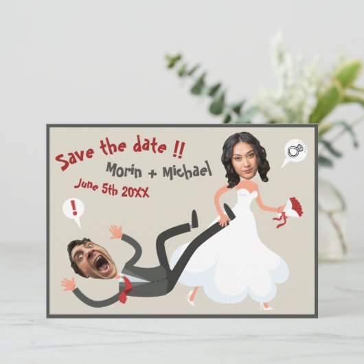 漫画おもしろいの写真顔結婚式の日付を保存 招待状 (スタンド正面)