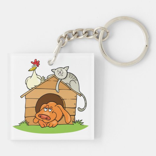 漫画おもしろいの犬の猫と鶏の犬小屋 キーホルダー (裏面)